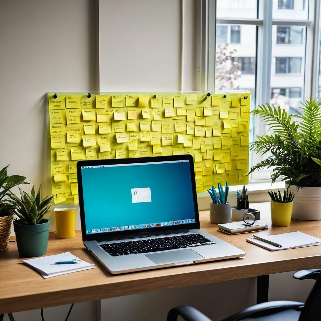 An inviting digital workspace featuring a modern laptop with an open email inbox filled with organized mail preferences. Surround the desk with colorful sticky notes that highlight privacy tips and controls. Incorporate a partially-visible padlock symbol to represent security alongside gentle light streaming through a window to create a warm atmosphere. Add plants for a touch of nature. super-realistic. vibrant colors. bright background.