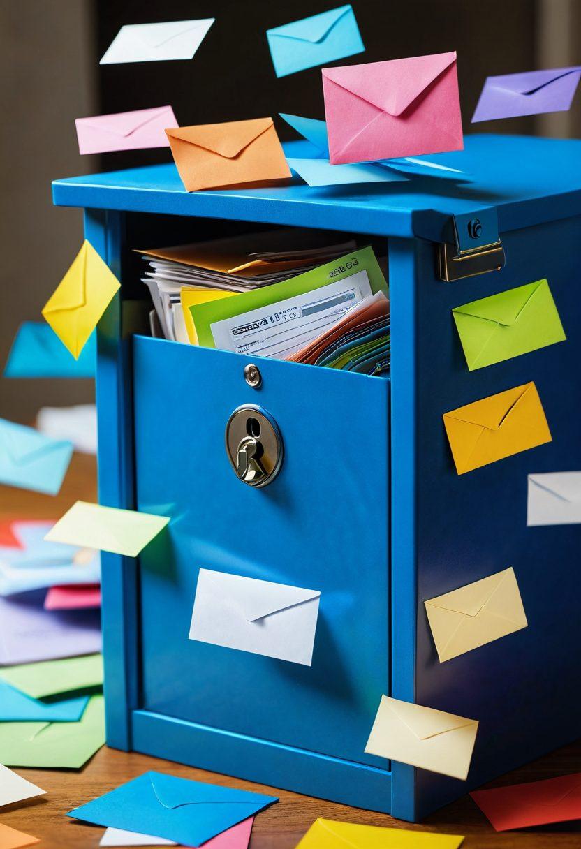 A visually striking mailbox overflowing with paper, surrounded by digital symbols like padlocks and crossed-out envelopes, symbolizing email control and unsubscription. Show a hand reaching to open the mailbox with a determined expression, set against a soft, blurred background of a cozy workspace. Emphasize shades of blue for digital privacy and hints of green for freshness. cartoonish style. vibrant colors.